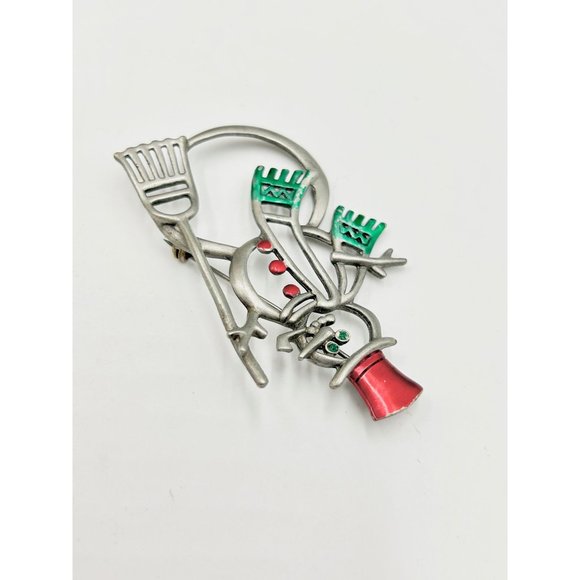 Vintage Signed JJ Snowman Christmas Holiday Brooch Pin Pewter & Enamel Red Green - Picture 5 of 8